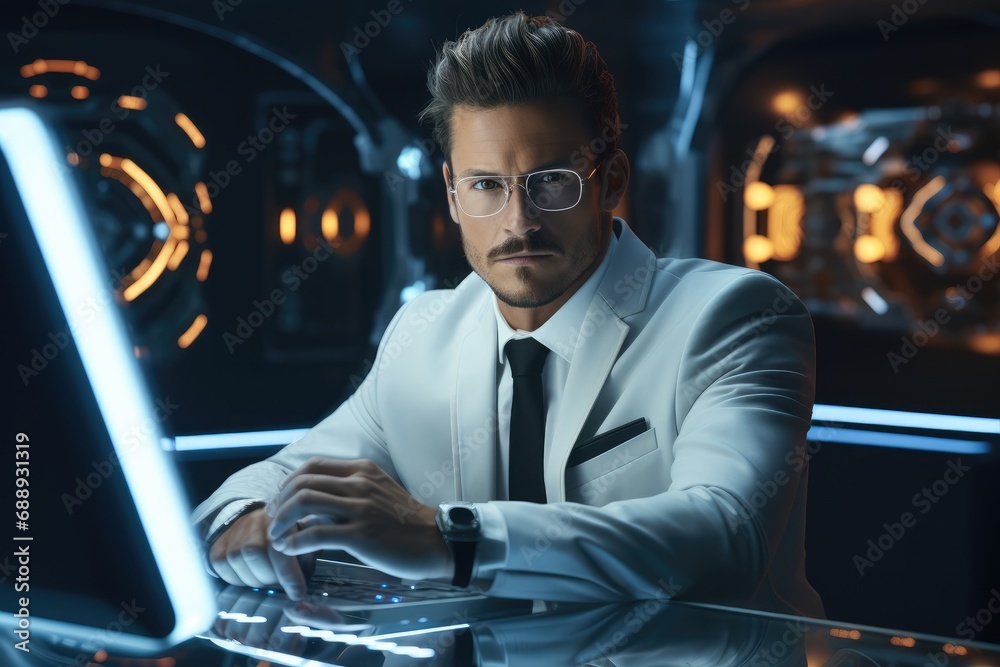 Leinwandbilder a elegant man works in high tech computer as ceo in a futuristic and light workspace.