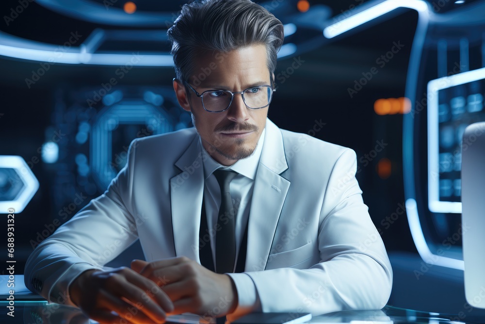 Poster a elegant man works in high tech computer as ceo in a futuristic and light workspace.