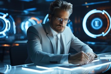 A elegant man works in high tech computer as CEO in a futuristic and light workspace.
