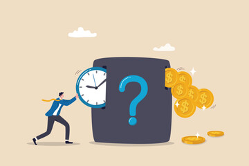Time investment to make money, side hustle or revenue income, long term investment, pension or mutual fund, time value of money concept, businessman investor push clock in return of money coins.