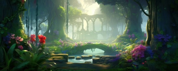 A beautiful enchanted forest with big fairytale trees and great vegetation. Illustration, Generative AI