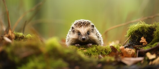 Wild hedgehog in natural woodland habitat with moss, leaves, and blurred background, facing left. Horizontal format with room for text. - obrazy, fototapety, plakaty