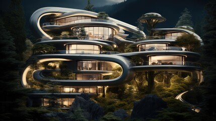 Futuristic house in the forest.