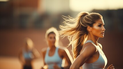 Athletes women on start before run sprint 100m, Sport woman running in Arena, Running athletes. - obrazy, fototapety, plakaty