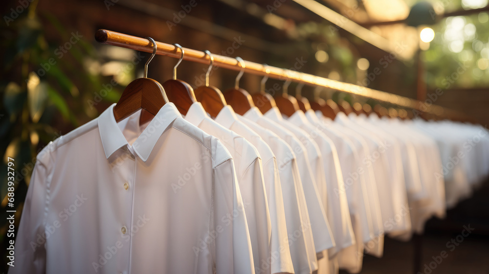 Wall mural Men's white shirts are hung on hangers.