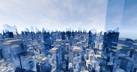 Aerial view of urban futuristic skyscrapers of daytime. Downtown district. 3D rendering. - obrazy, fototapety, plakaty