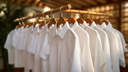 White shirts hanging on white built-in clothes racks.