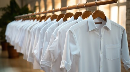 White shirts hanging on white built-in clothes racks. - obrazy, fototapety, plakaty