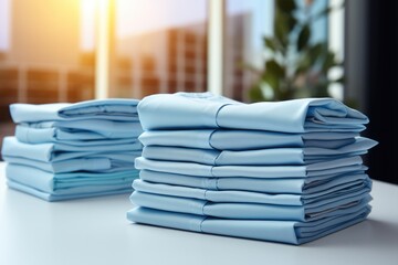 Close up of pile of pastel blue color ironed shirts on table.