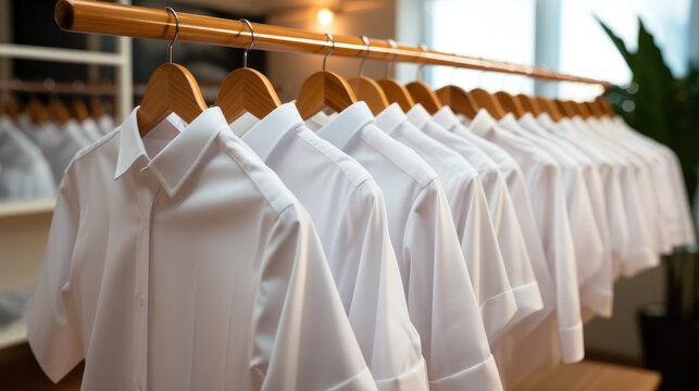 White shirts hanging on white built-in clothes racks.