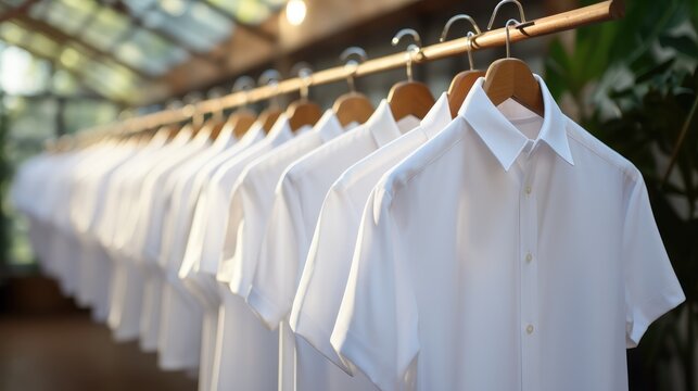 Men's white shirts are hung on hangers.