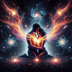 Twin flame couple. Soulmates. The concept of magical, esoteric, tantric, spiritual love. Connection between souls. Illustration for websites and much more. Created using generative ai tools.