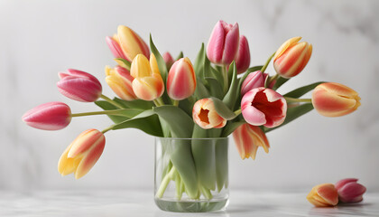 Beautiful bouquet of tulips in glass vase on white marble table. 