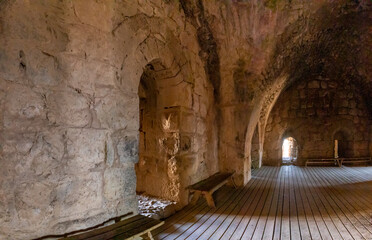 Remains  of large hall in northern tower in the medieval fortress of Nimrod - Qalaat al-Subeiba, located near the border with Syria and Lebanon on the Golan Heights, in northern Israel
