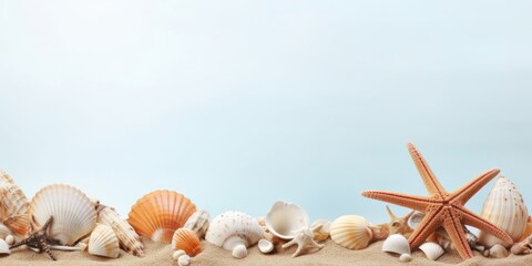 Fototapeta na wymiar Summer background with seashells and starfish and copy space for text. Generative AI