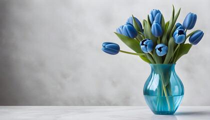 Beautiful bouquet of blue tulips in glass vase on white marble table