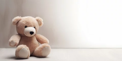 Poster Cute teddy bear with copy space on light color background. Generative AI © Snaps Shots