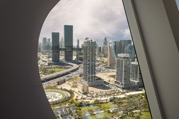 Fototapeta na wymiar View of the city from the observation deck of the famous Dubai Golden Frame of the Dubai city, United Arab Emirates
