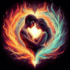 Twin flame couple. Soulmates. The concept of magical, esoteric, tantric, spiritual love. Connection between souls. Illustration for websites and much more. Created using generative ai tools.