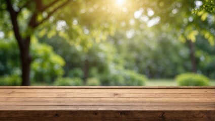 Empty wood table garden bokeh background. Product and food display. Generative AI
