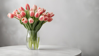 Beautiful bouquet of margenda tulips in glass vase on white marble table.