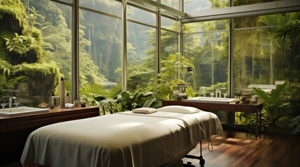 Medical spa, Minimalist room with a view rainforest. - obrazy, fototapety, plakaty