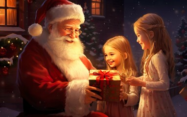 Smiling grandfather giving gift to cute