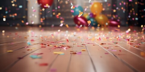 After the joyous  birthday bash or a splendid wedding celebration, the floor becomes a canvas adorned with the remnants of revelry confetti. - obrazy, fototapety, plakaty