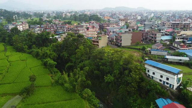 Pokhara with drone. Khola, important river and green landscape in Nepal, Asia