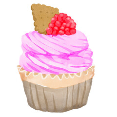 Strawberry Cupcake with biscuit and rasberry on top water color painting.