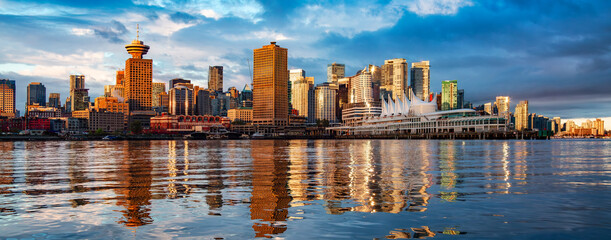Downtown Vancouver Skyline Panorama. Colorful Sunrise