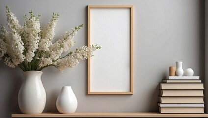 Stylish living room interior design with poster frame empty mockup. Generative AI