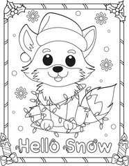 Cute fox with Christmas light bulbs cartoon.  Hello Snow. Coloring page. Activity book for kids and adults.