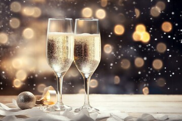 champagne glasses on bokeh background with space for text, champagne glasses on celebration background, champagne glasses, copy space, christmas, new year, party, celebration, wooden table, background