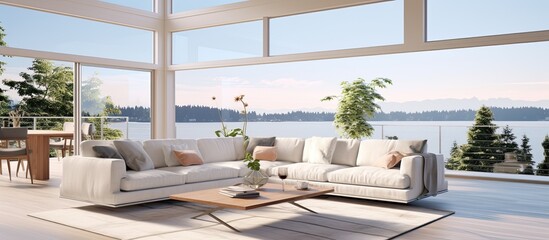 Modern townhouse living room with large windows, providing a panoramic view.