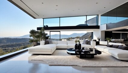 Fototapeta premium Aesthetic Bliss: Minimalist Living Room with Floor-to-Ceiling Window Views. Generative AI