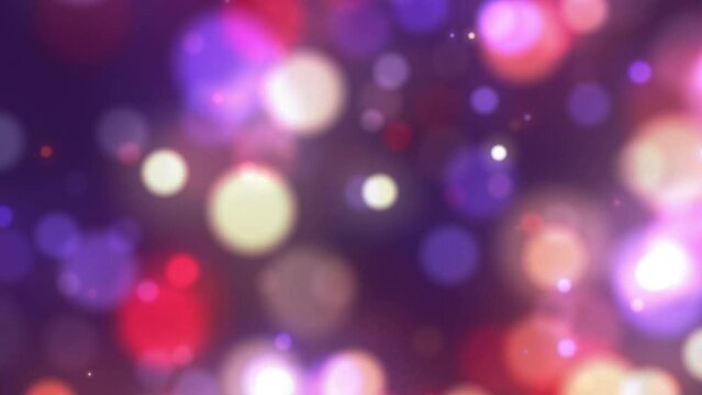 Colorful purple red yellow bokeh festive animation background. Looping glowing blurry boke backdrops