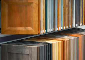 wood cabinet door samples in market in a row