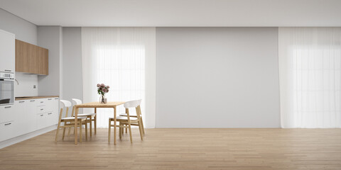 Empty white wall  with dining room and kitchen. 3d rendering of interior background.