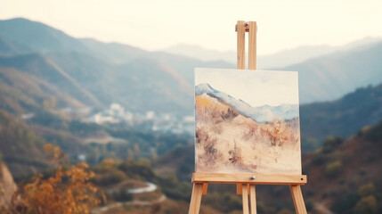 An easel with a picture of a mountain landscape in the background