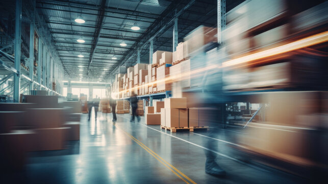 Forklift in warehouse. Blurred image of freight transportation and distribution warehouse.