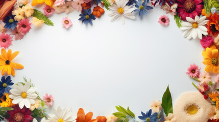 Frame made of colorful flowers on white background. Flat lay, top view