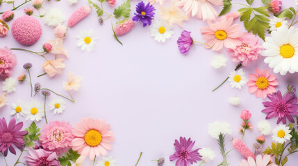 Flowers composition. Frame made of colorful flowers on pastel purple background. Flat lay, top view, copy space