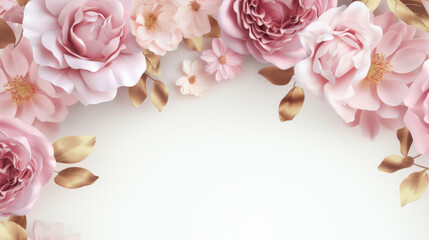 Pink rose flowers frame with golden leaves on white background