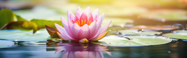 Beautiful pink waterlily or lotus flower blooming on pond