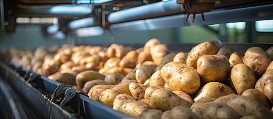 Potatoes are transferred into the container through a close-up potato conveyor. - obrazy, fototapety, plakaty