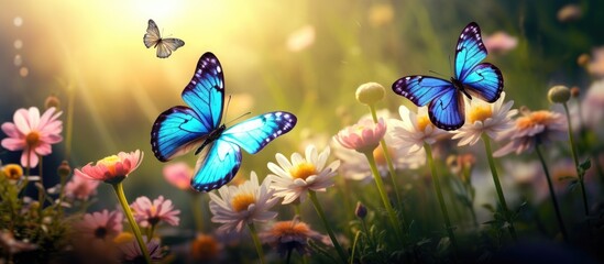 Vibrant butterflies on flowers, surrounded by nature, under a shining sun, look stunning.