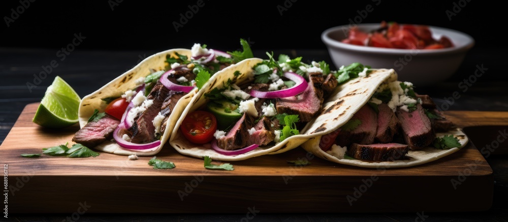 Poster Steak tacos with toppings on a board.