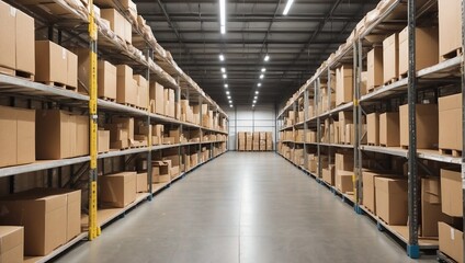 Rows of shelves with boxes in modern warehouse. Generative AI. - obrazy, fototapety, plakaty