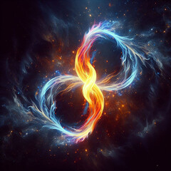 Flaming infinity sign. Esoteric concept of spiritual love. Twin flame logo. Illustration on black background for web sites, wallpapers and much more. Created using generative ai tools